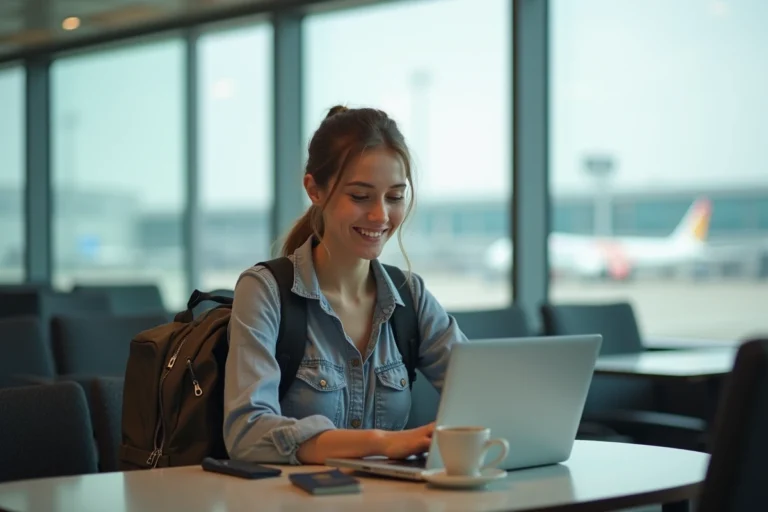 Jeune femme voyageuse travaillant à l'aéroport