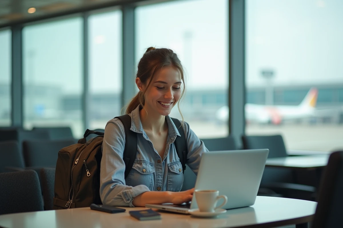 Jeune femme voyageuse travaillant à l'aéroport