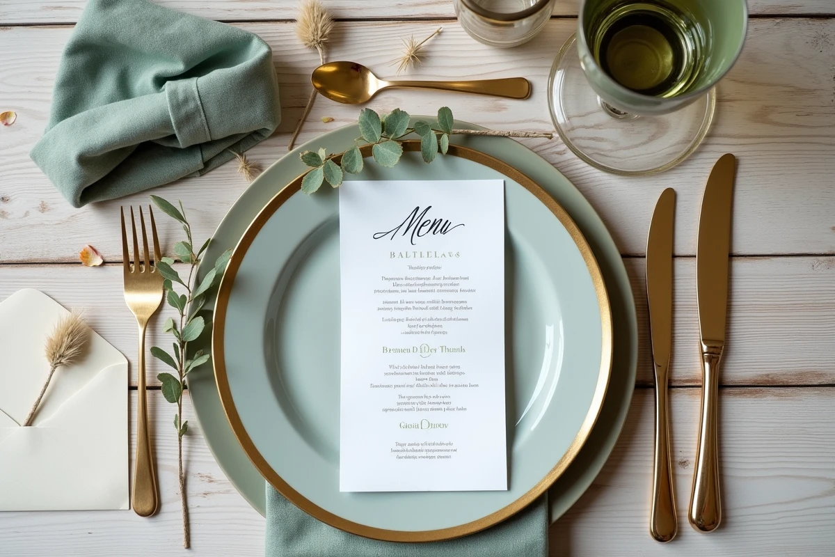 Décoration de table de mariage en vue de dessus avec vaisselle dorée, menu calligraphié, eucalyptus et enveloppe cachetée à la cire
