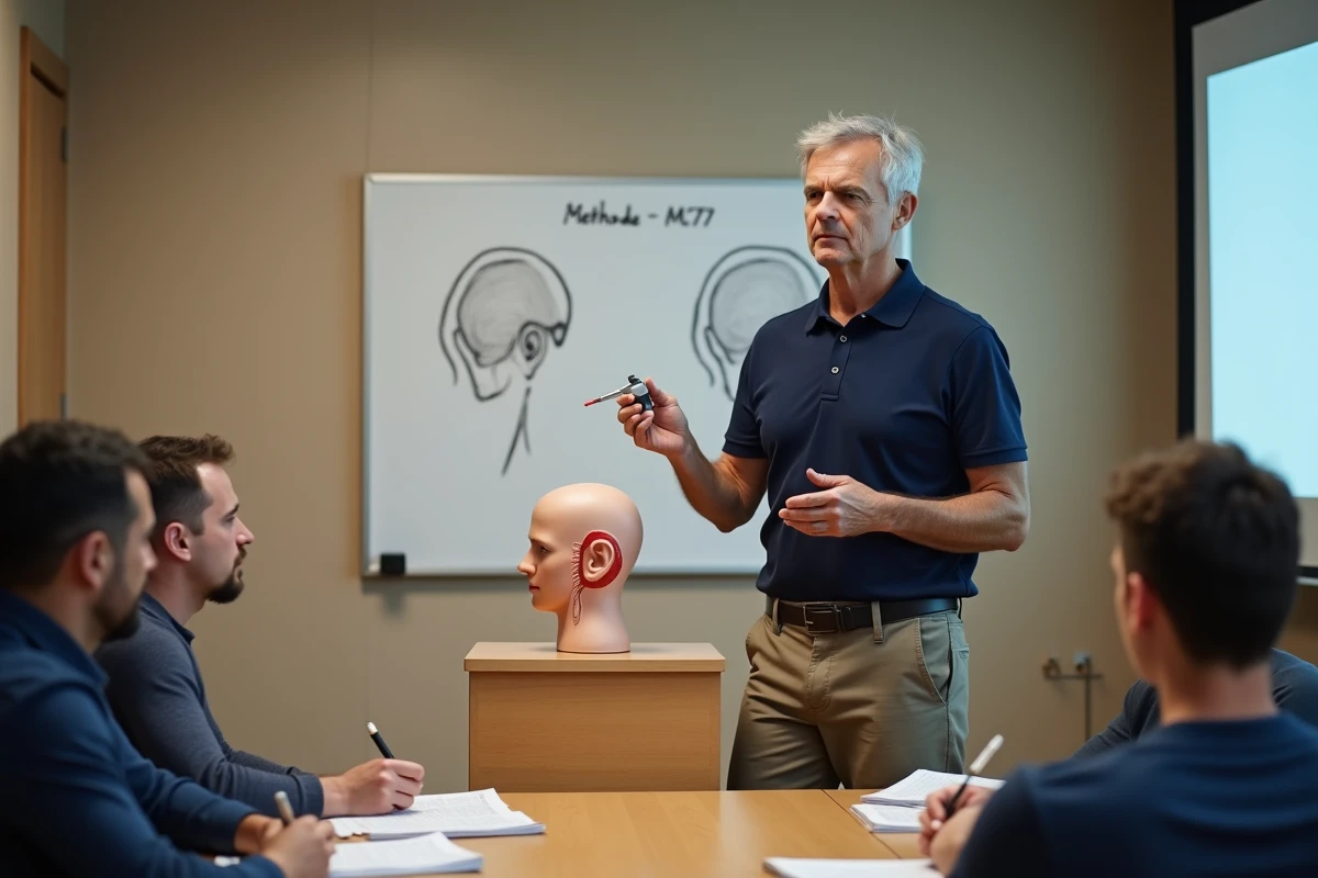 Formateur en laserthérapie expliquant la méthode MC77 anti-addiction à un groupe de stagiaires professionnels dans une salle de formation