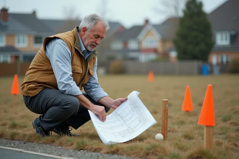 Géomètre expert examinant le plan cadastral d'un terrain de 6 ares avec des jalons de bornage visibles dans un lotissement résidentiel