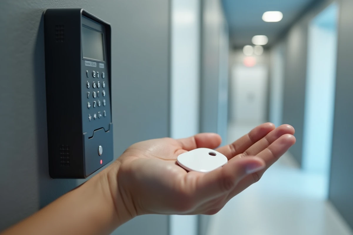 Gros plan d'un badge de sécurité Verisure tenu dans la main face au clavier de l'alarme pour une activation rapide