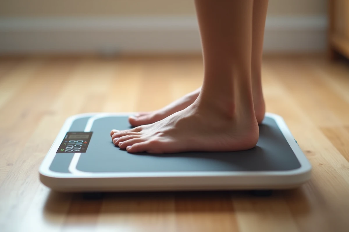 Gros plan sur l'écran d'une balance impédancemètre affichant la masse musculaire d'une personne âgée