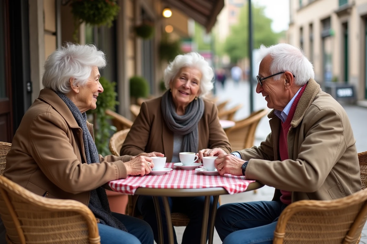 Groupe de personnes âgées de plus de 70 ans en conversation à la terrasse d'un café de village français