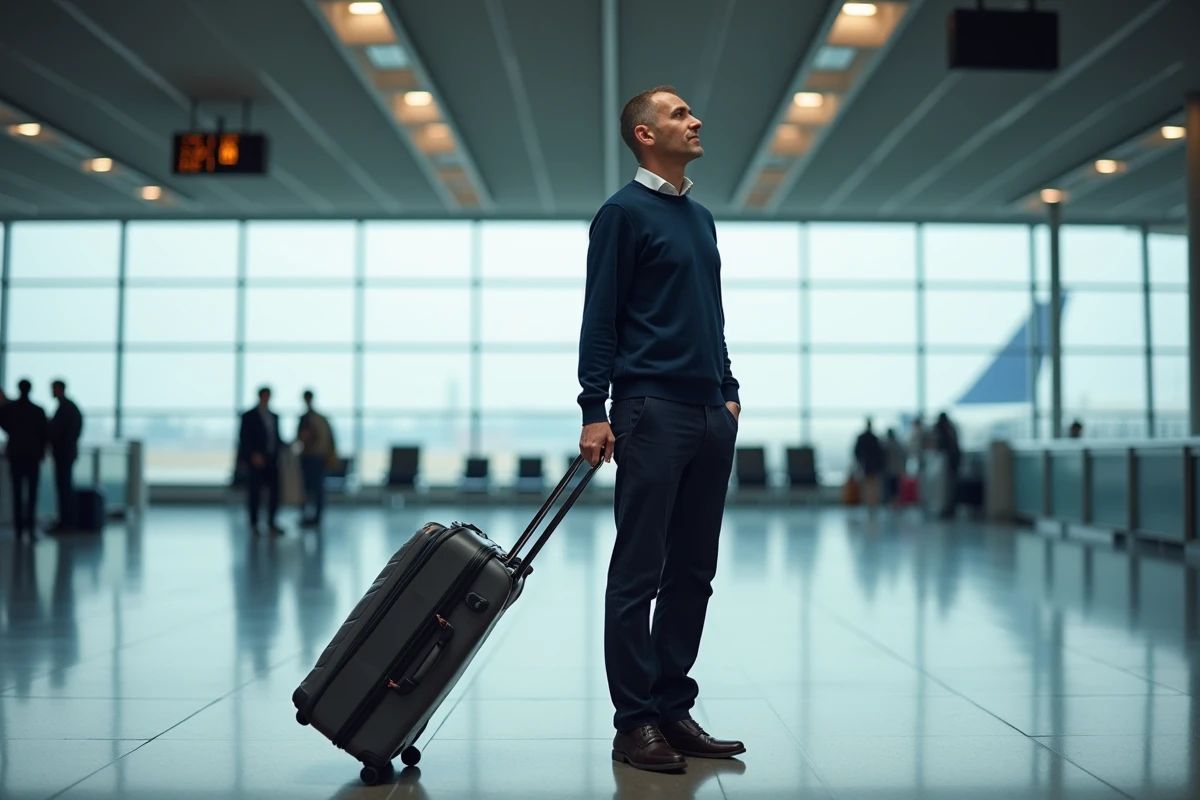 Homme voyageant sereinement dans un hall de départ d'aéroport avec une valise cabine