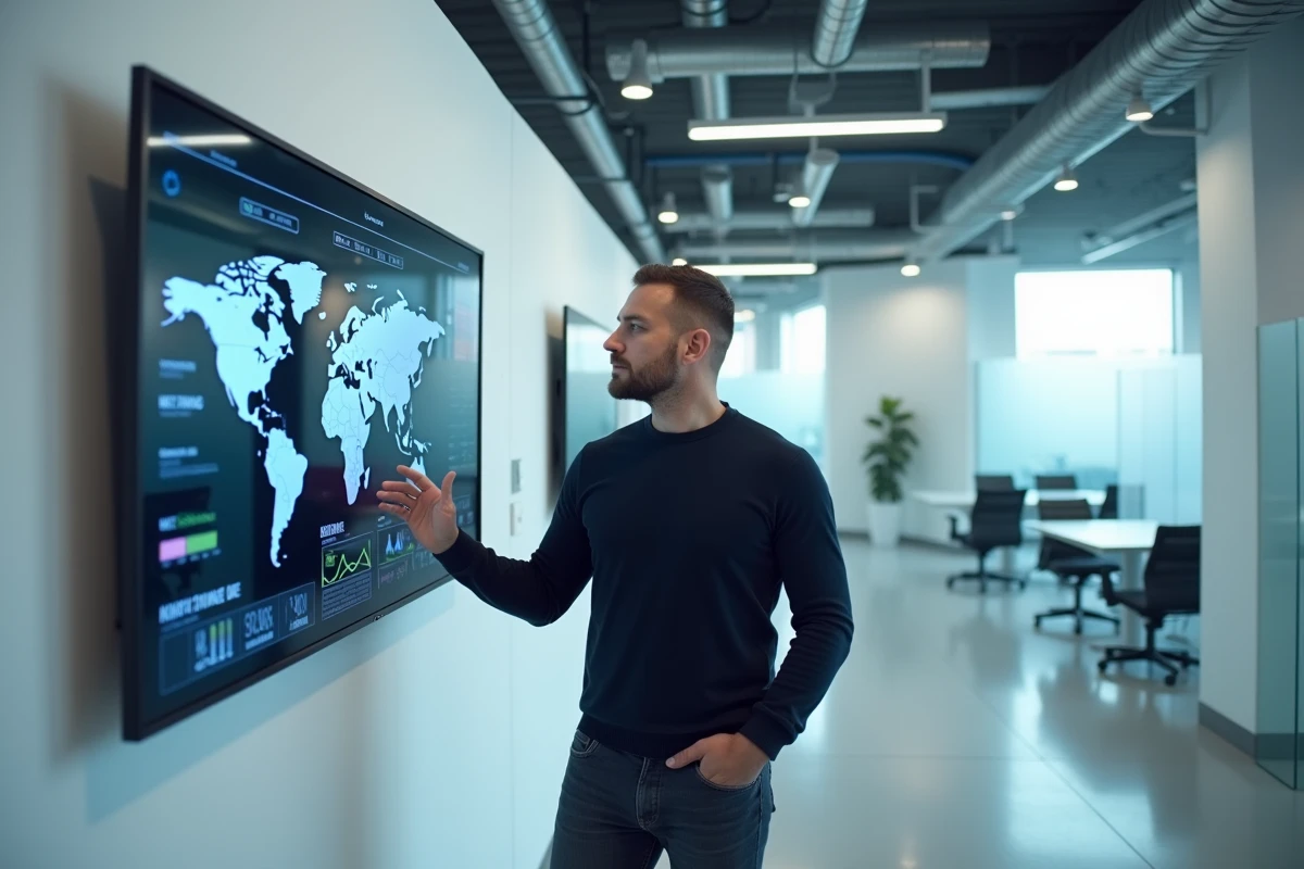 Homme analysant des données et innovations web sur un écran interactif dans un laboratoire technologique
