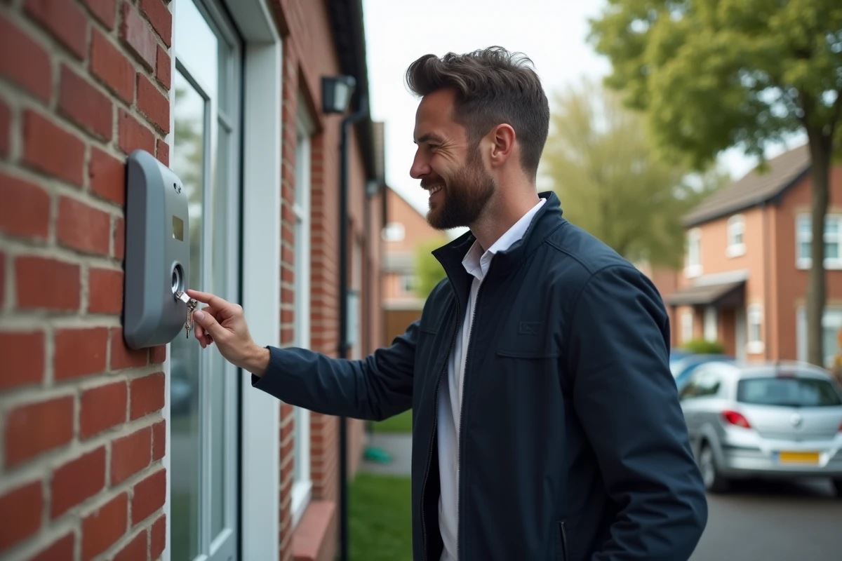 Homme activant son alarme de sécurité Verisure avec un badge devant la porte d'entrée de sa maison