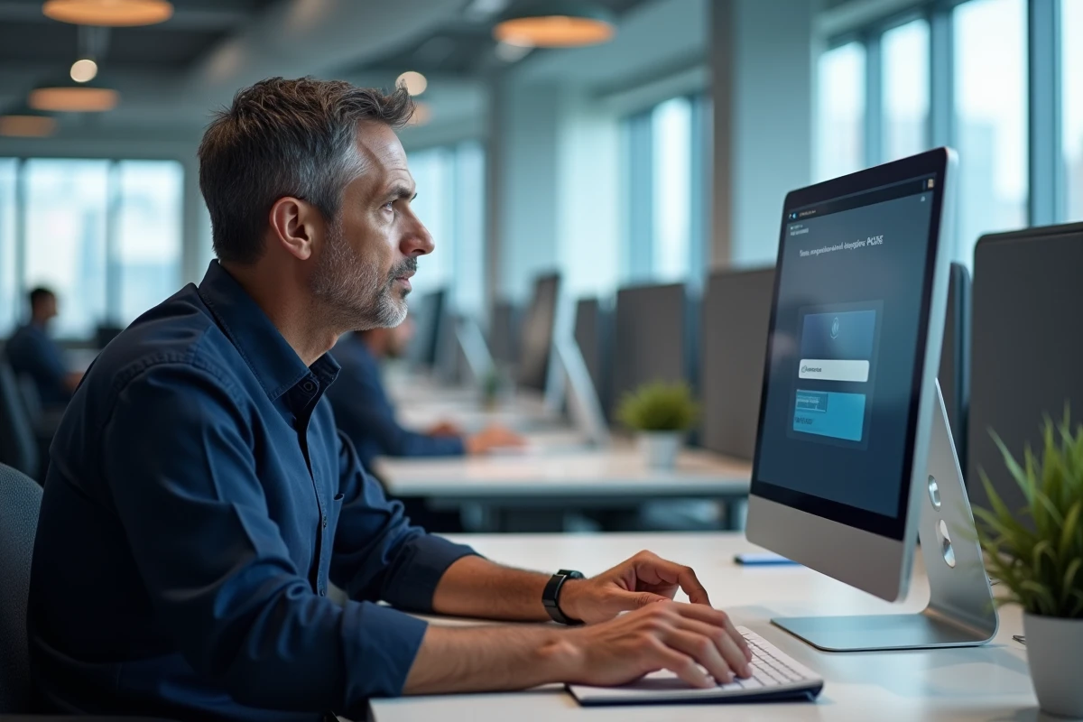 Homme dans un bureau professionnel qui résout un problème de connexion à un portail en ligne