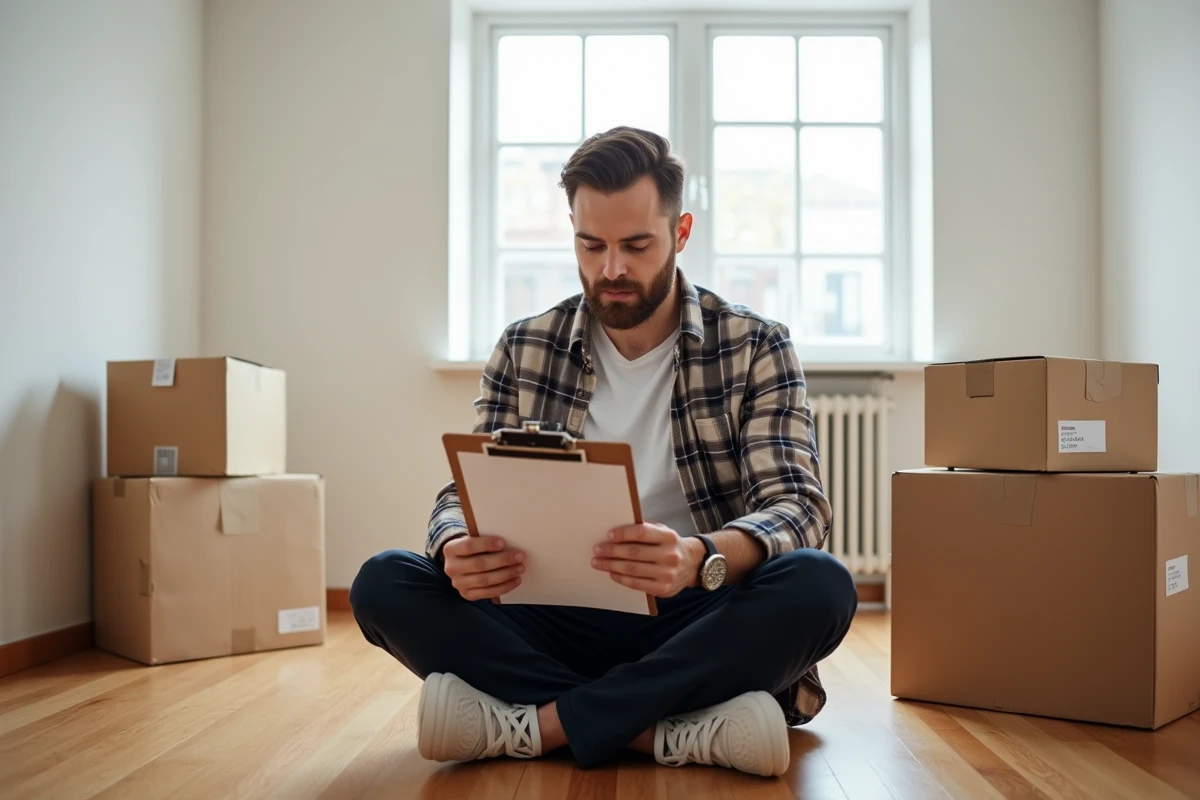 Homme consultant une liste de contrôle manuscrite entouré de cartons étiquetés dans un appartement vide lors d'un déménagement