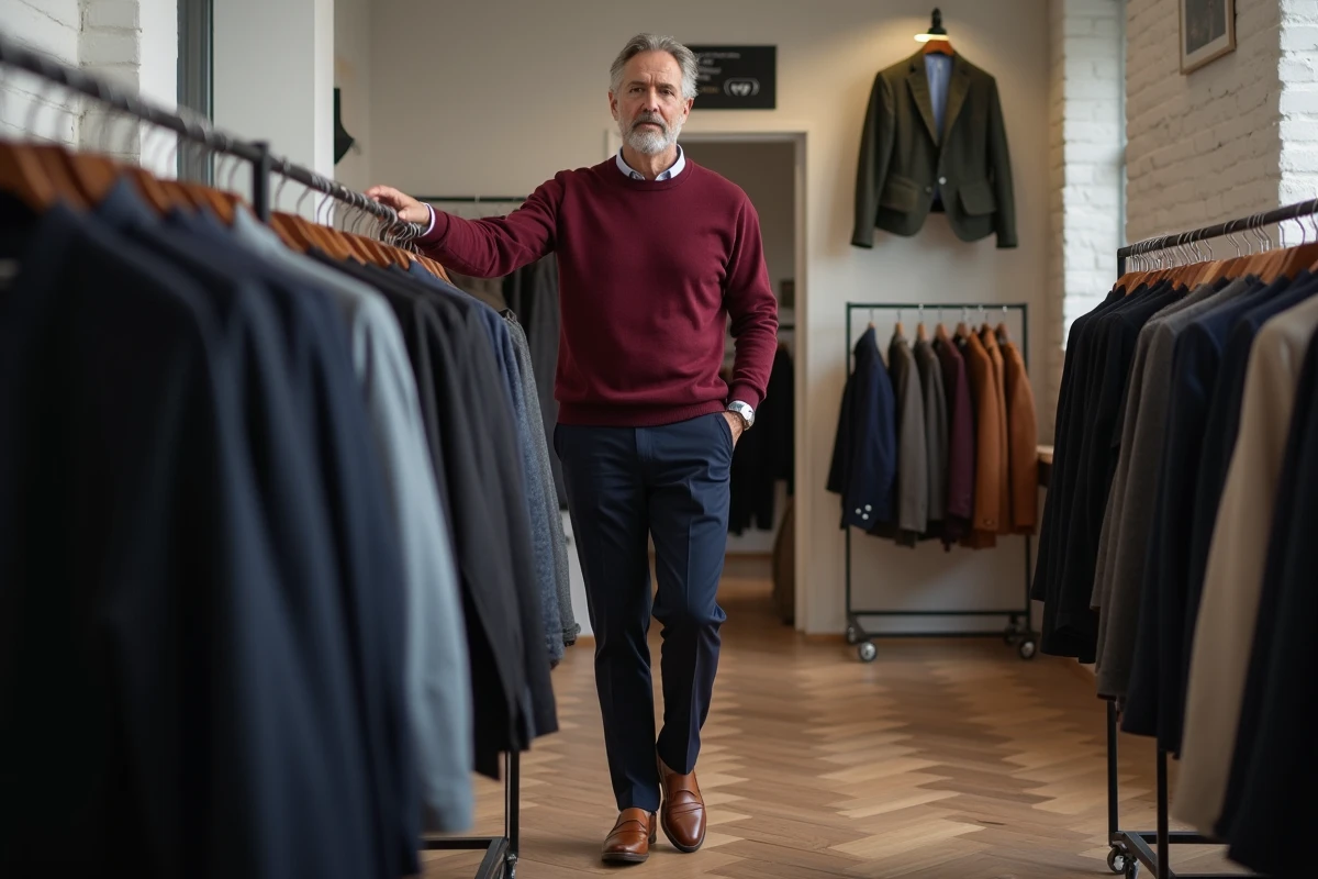 Homme d'une cinquantaine d'années en look mode tendance élégant dans un studio de mode épuré, conseils style pour hommes matures