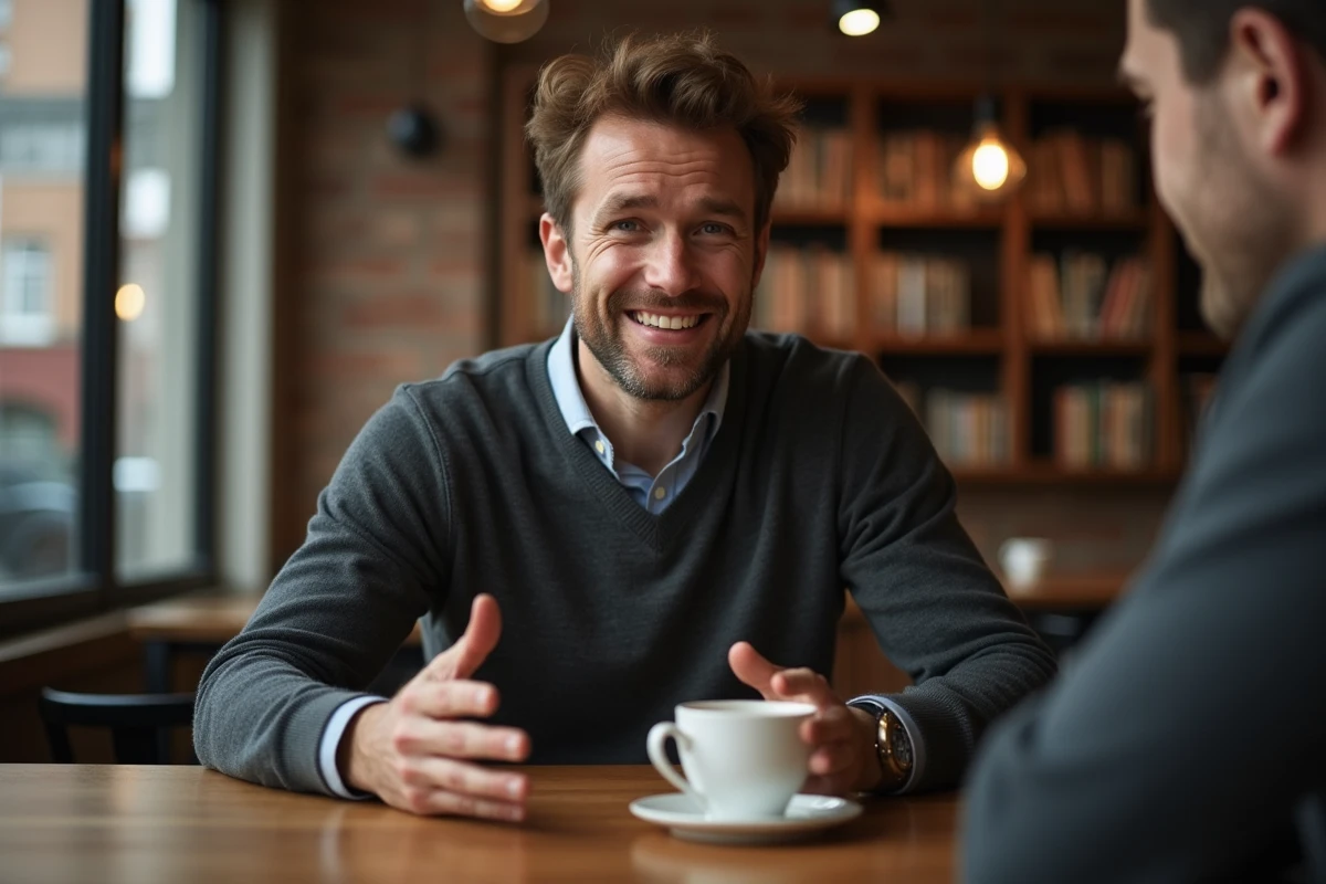 Homme pratiquant la communication assertive dans un café urbain lors d'une discussion calme et professionnelle