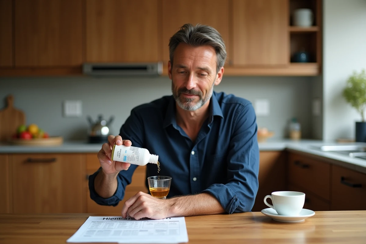 Homme préparant sa dose quotidienne de complément capillaire à la maison pour réduire les effets secondaires