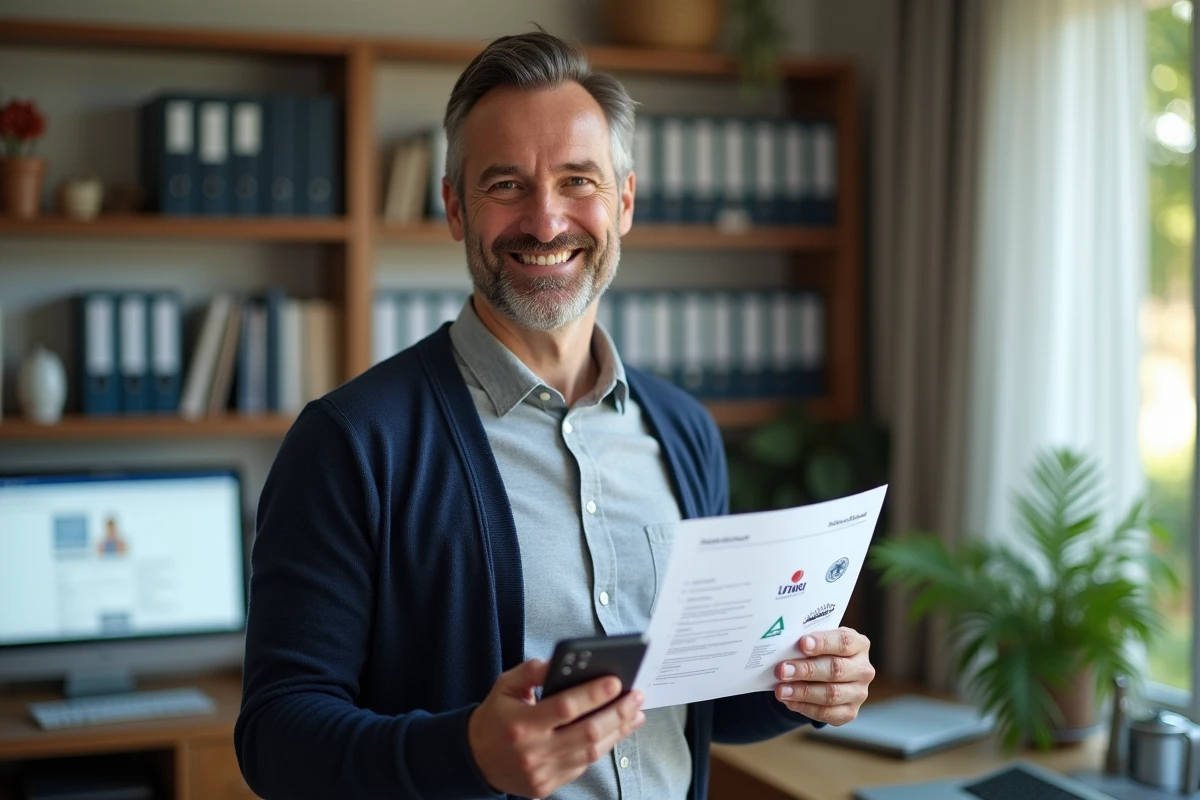 Homme souriant tenant un document dans un bureau à domicile