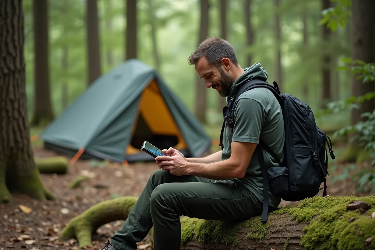 Homme en pleine nature utilisant une tablette