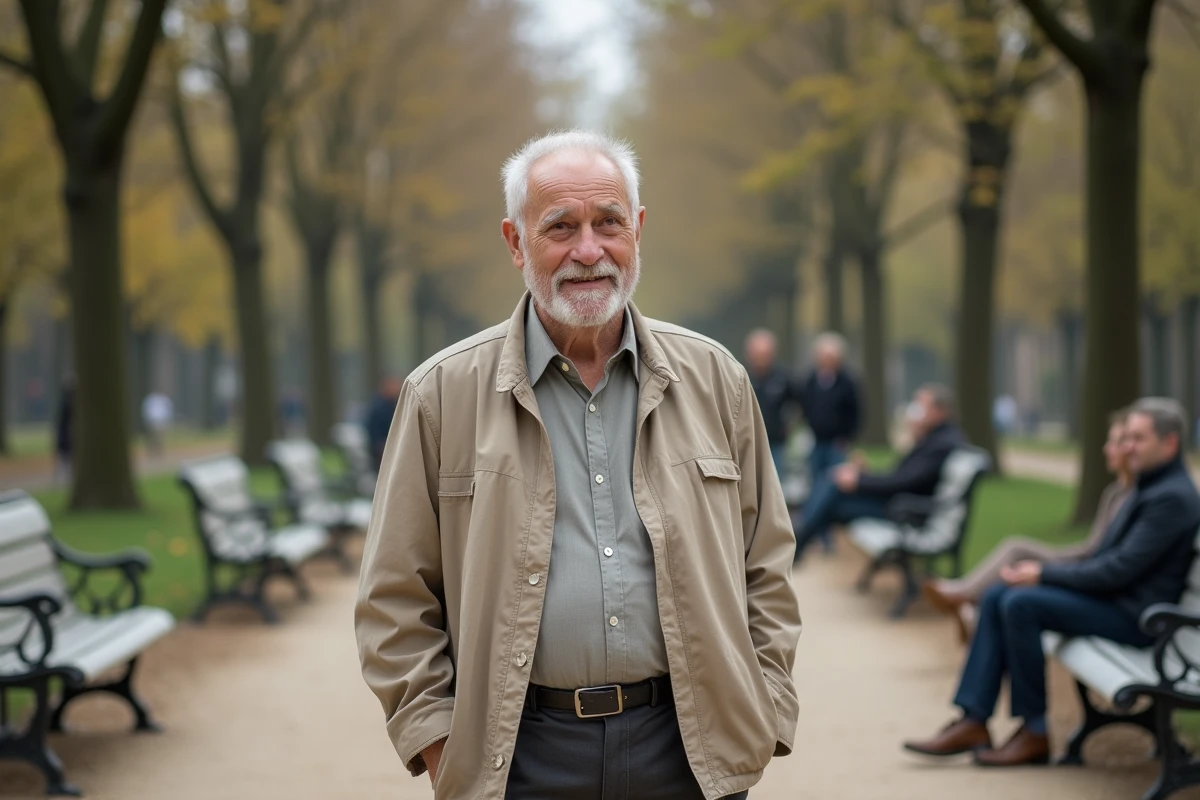 Homme septuagénaire souriant dans un parc urbain, illustrant les personnes âgées de plus de 70 ans