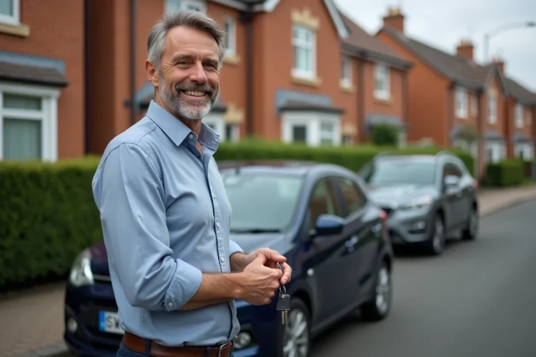 Homme d'âge moyen souriant à côté d'une voiture compacte dans un quartier résidentiel