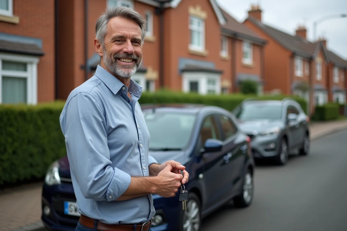 Homme d'âge moyen souriant à côté d'une voiture compacte dans un quartier résidentiel