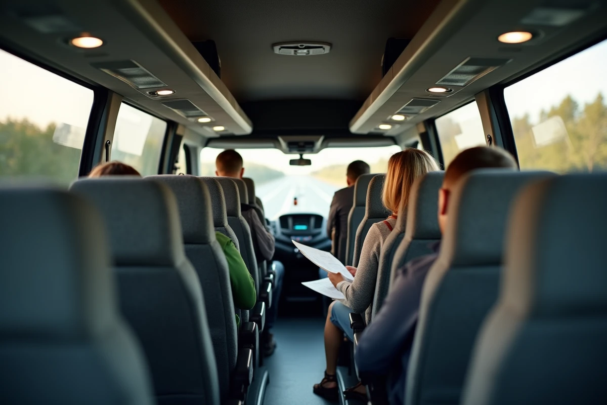 Intérieur d'un minibus 15 places avec passagers installés pour un long trajet en groupe
