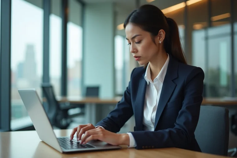 Jeune femme professionnelle au bureau en blazer navy