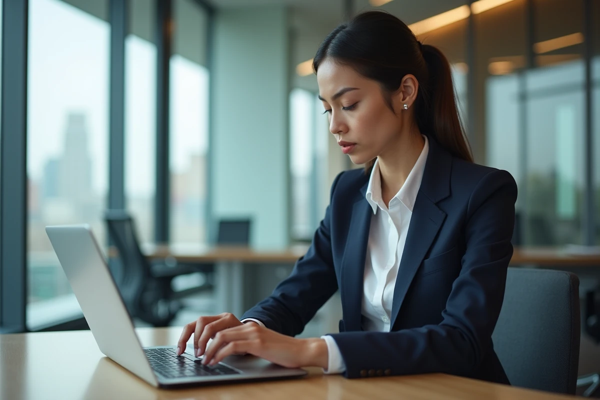 Jeune femme professionnelle au bureau en blazer navy