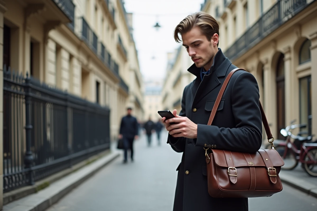 Jeune homme en veste élégante sur une rue parisienne