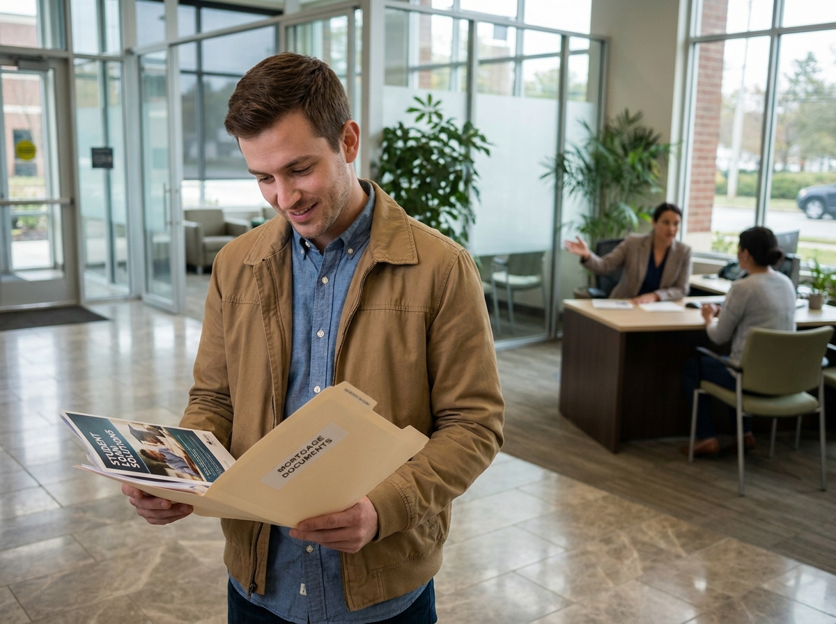 Jeune homme dans un lobby de banque examinant ses documents de prêt