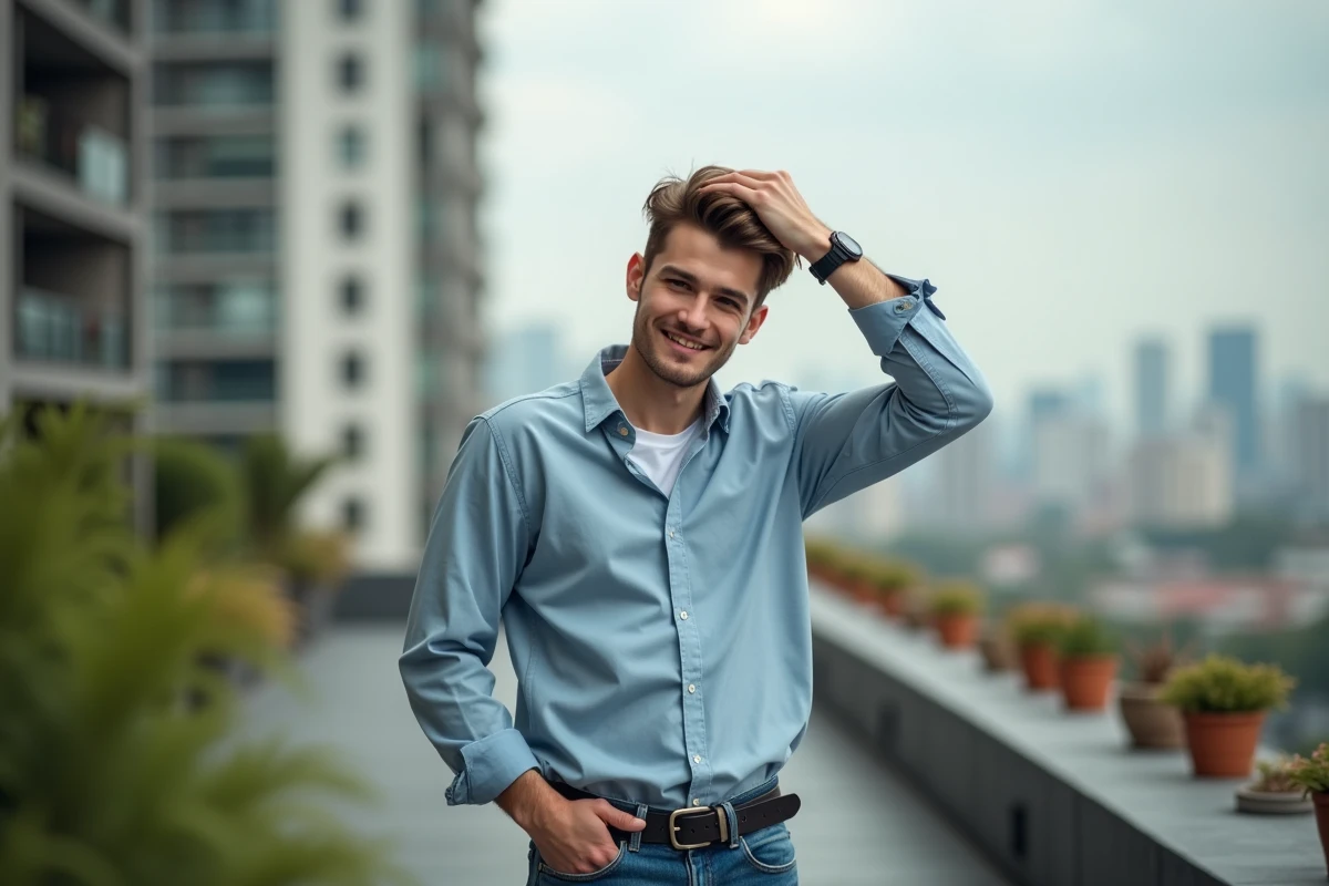 Jeune homme avec cheveux stylés sur un balcon urbain
