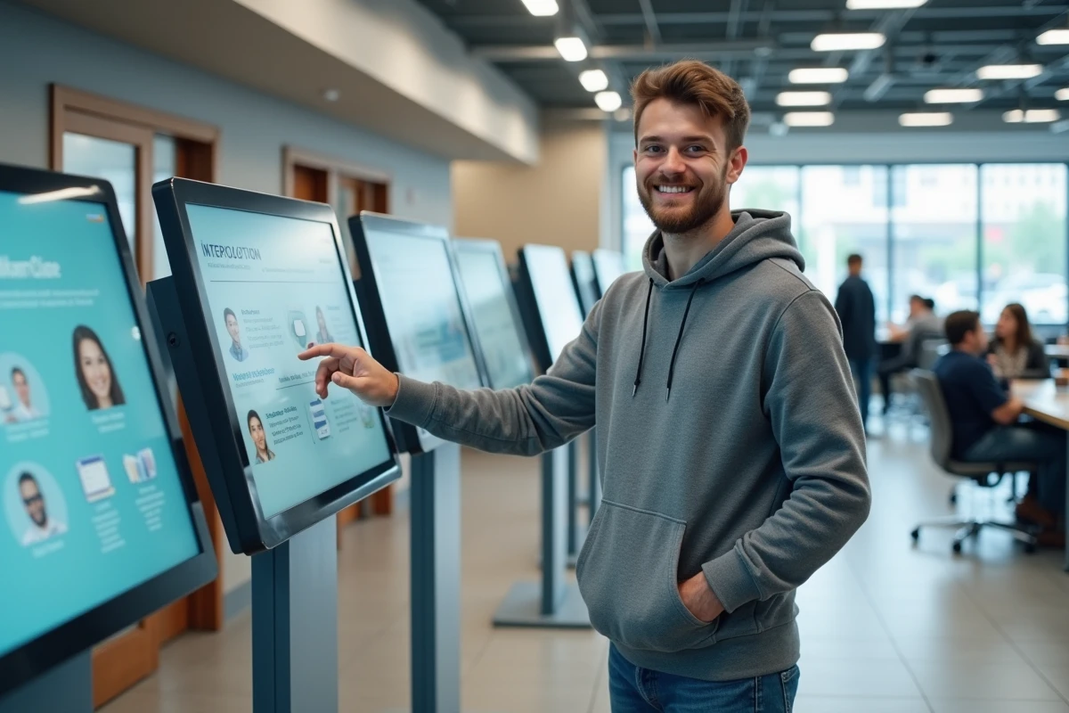 Jeune homme souriant utilisant un terminal d