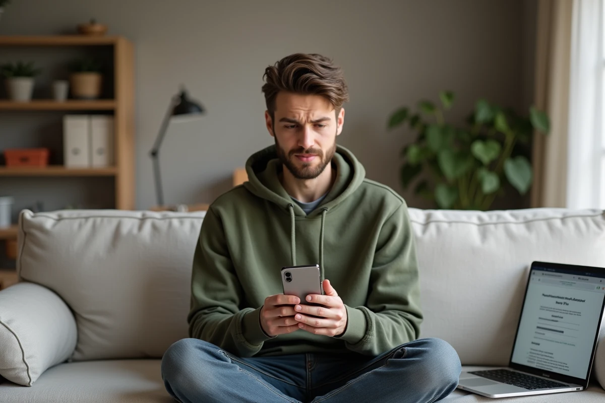 Jeune personne sur un canapé consultant son téléphone et son ordinateur pour résoudre un problème de connexion