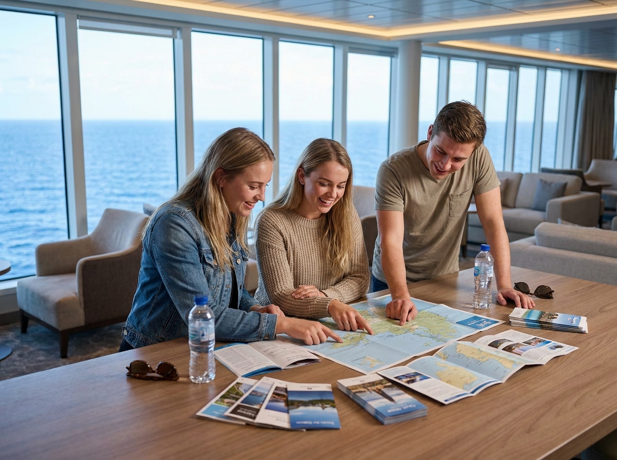 Jeunes femmes et homme regardant brochures dans un lounge moderne
