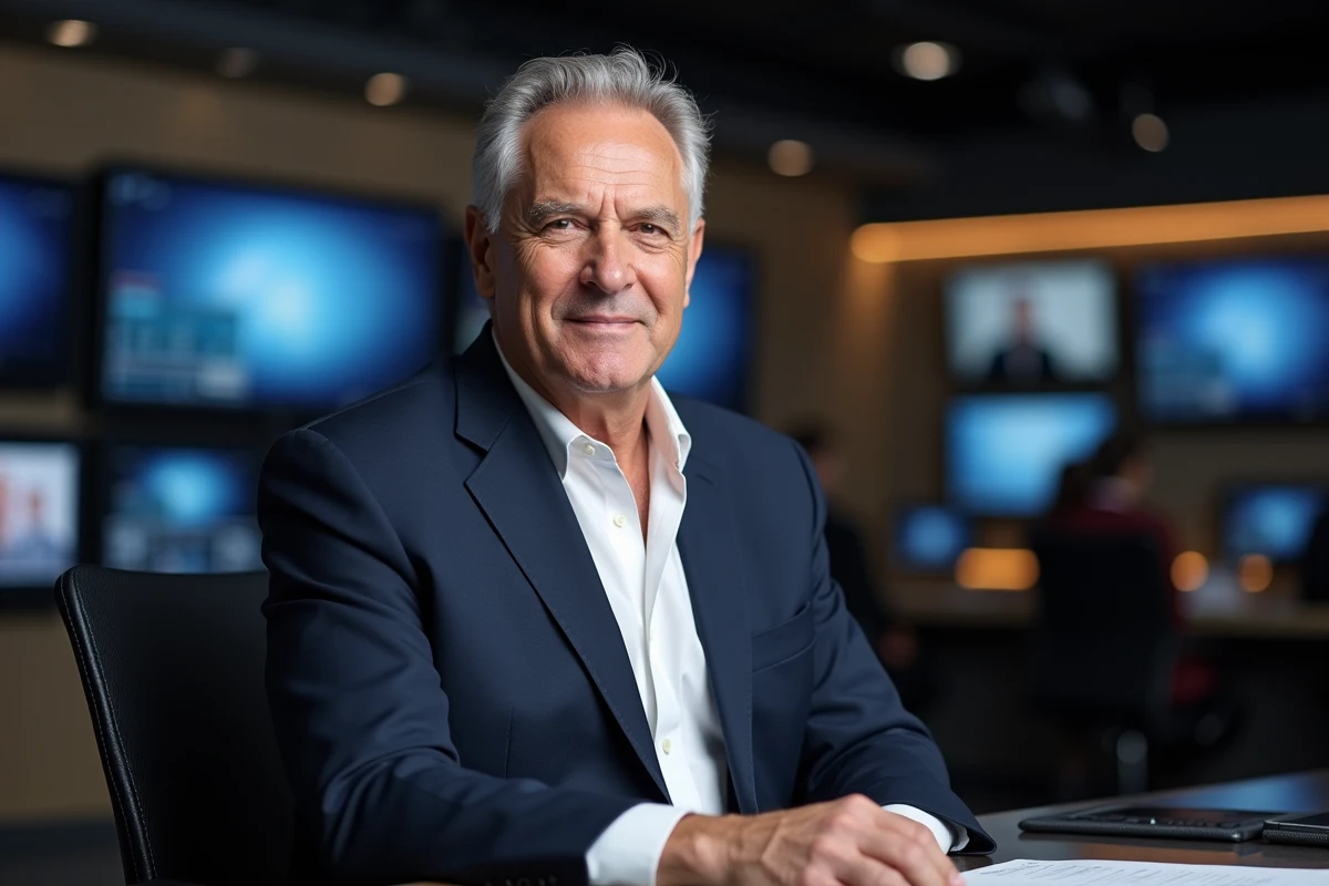 Journaliste politique français en costume marine assis dans un studio de télévision moderne, portrait professionnel