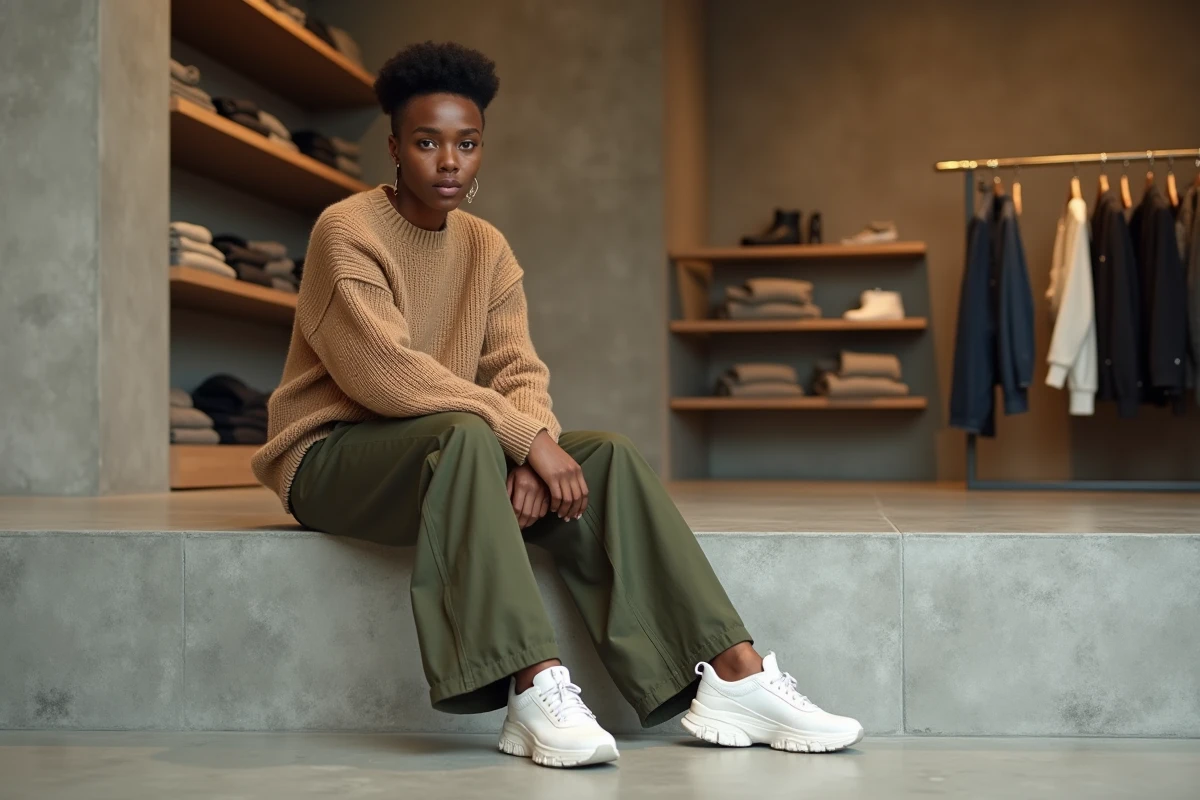 Personne non-binaire en tenue mode tendance oversize assise dans un concept store minimaliste, mode inclusive et moderne