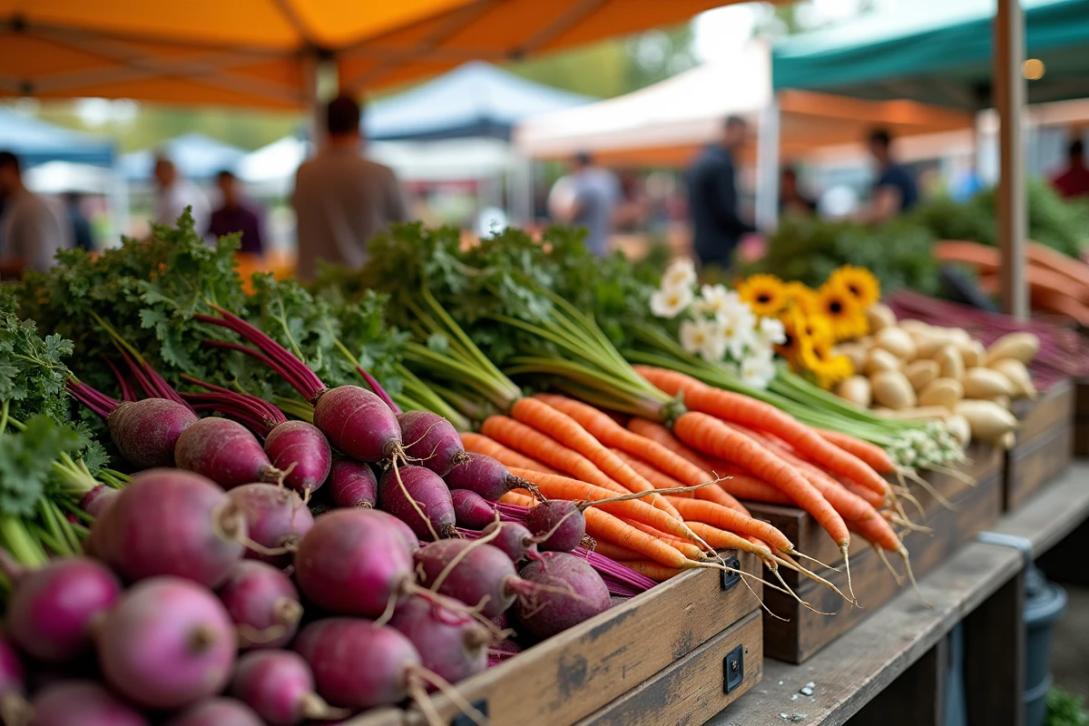 Étal de marché fermier coloré avec légumes anciens et produits exotiques, tendances alimentaires et nouvelles saveurs de l'année