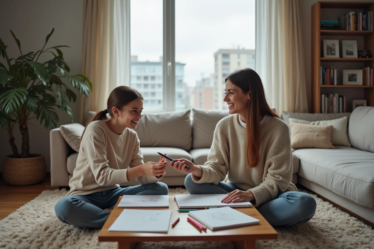 Mère et fille partageant un moment créatif dans le salon de leur appartement