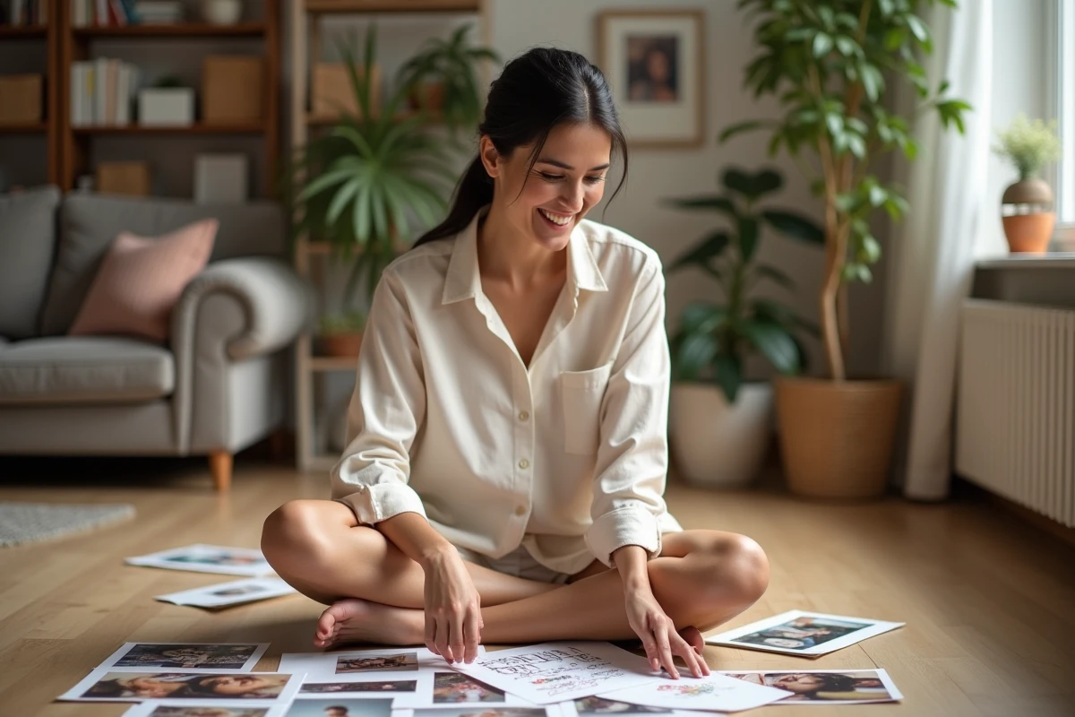 Femme souriante dans un appartement parisien entourée de photos de famille et dessins d'enfants