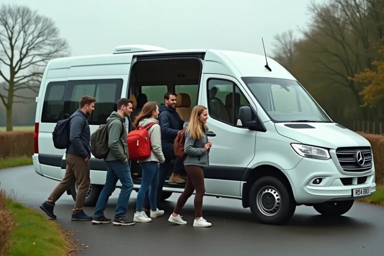 Groupe d'adultes montant dans un minibus 15 places blanc lors d'un trajet en groupe à la campagne