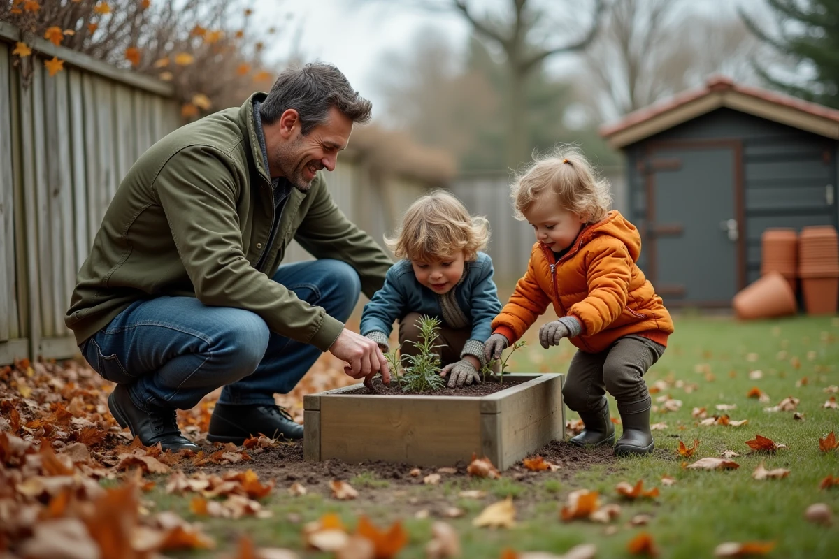 Père et enfants jardinent ensemble dans le jardin familial en automne