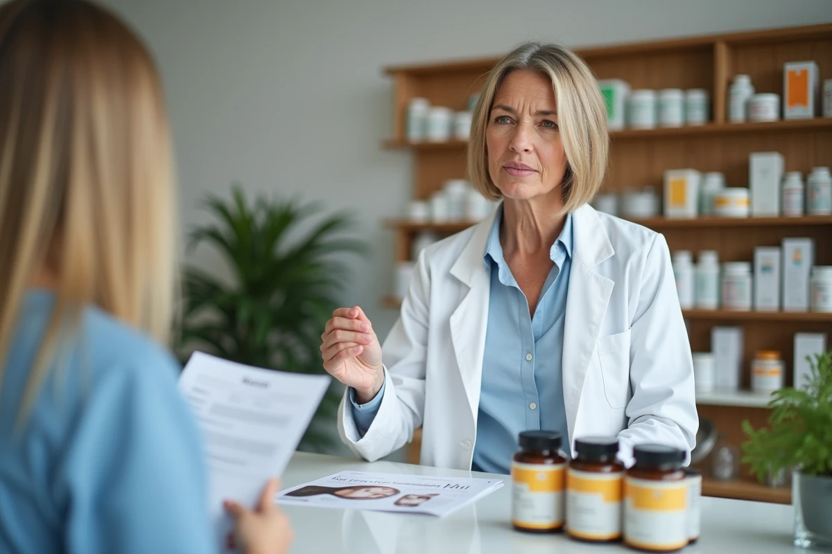 Pharmacienne conseillant sur les effets secondaires d'un traitement capillaire avec des suppléments naturels sur le comptoir