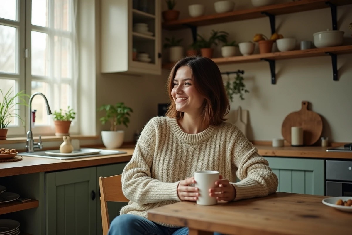 Femme de grande taille assise dans une cuisine chaleureuse tenant une tasse, portrait intimiste illustrant le quotidien de la plus grande femme du monde
