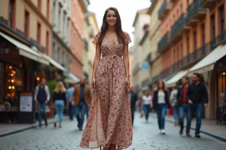 Grande femme souriante en robe fleurie debout dans une rue animée de la ville, illustrant la vie de la plus grande femme du monde