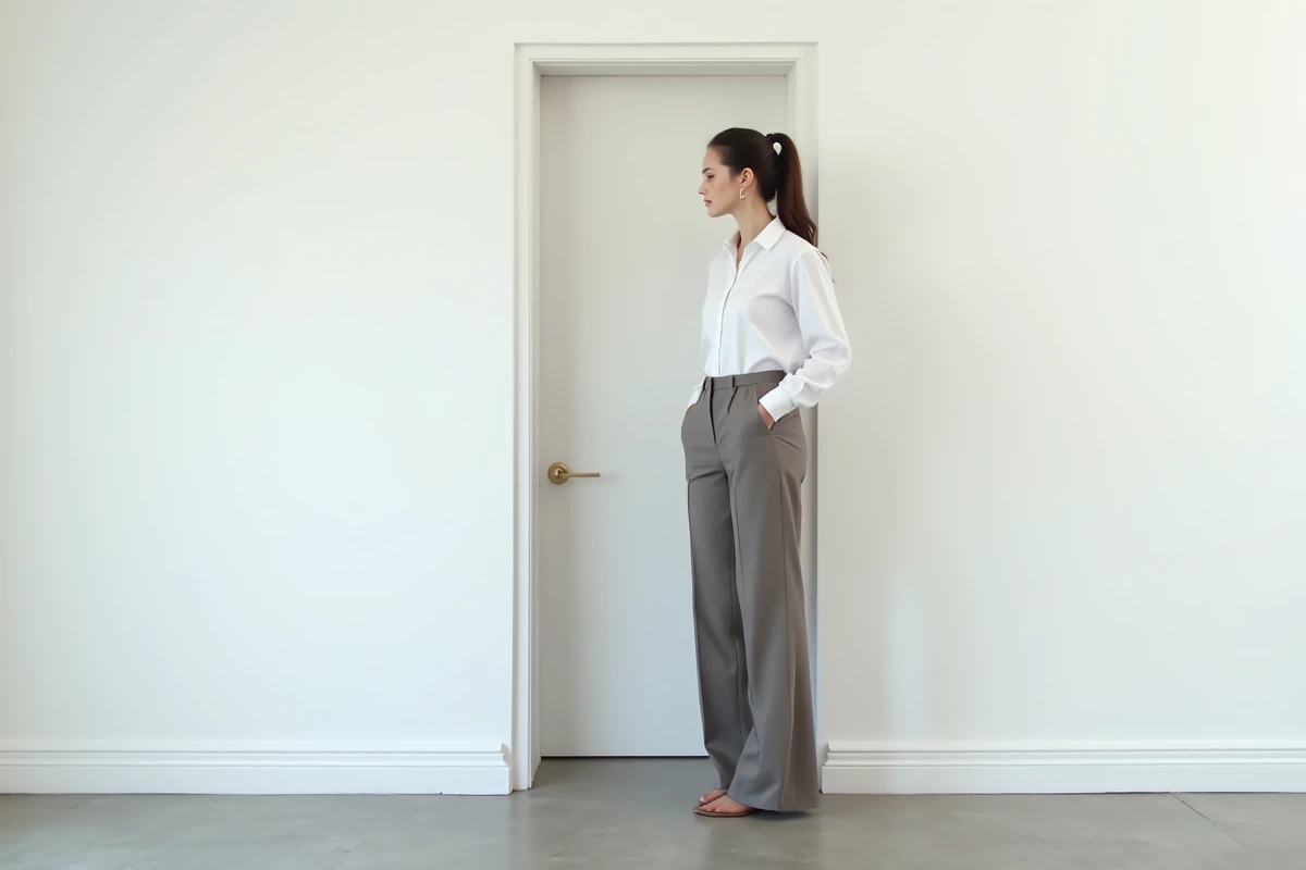 Femme très grande en tenue élégante debout à côté d'un cadre de porte dans un studio minimaliste, photo éditoriale illustrant la stature exceptionnelle de la plus grande femme du monde