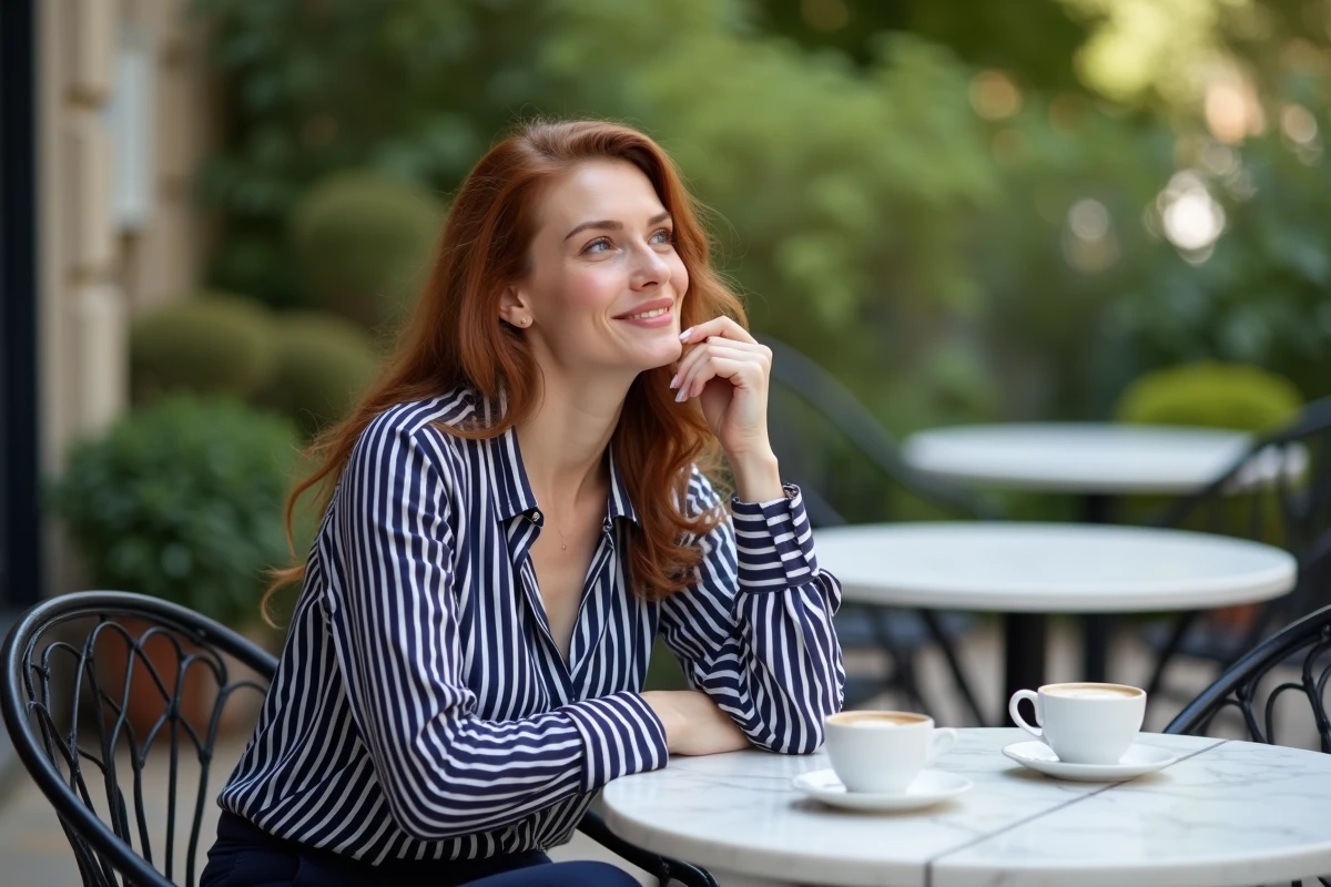 Portrait d'une femme souriante en terrasse de café parisien avec une expression pensive et naturelle