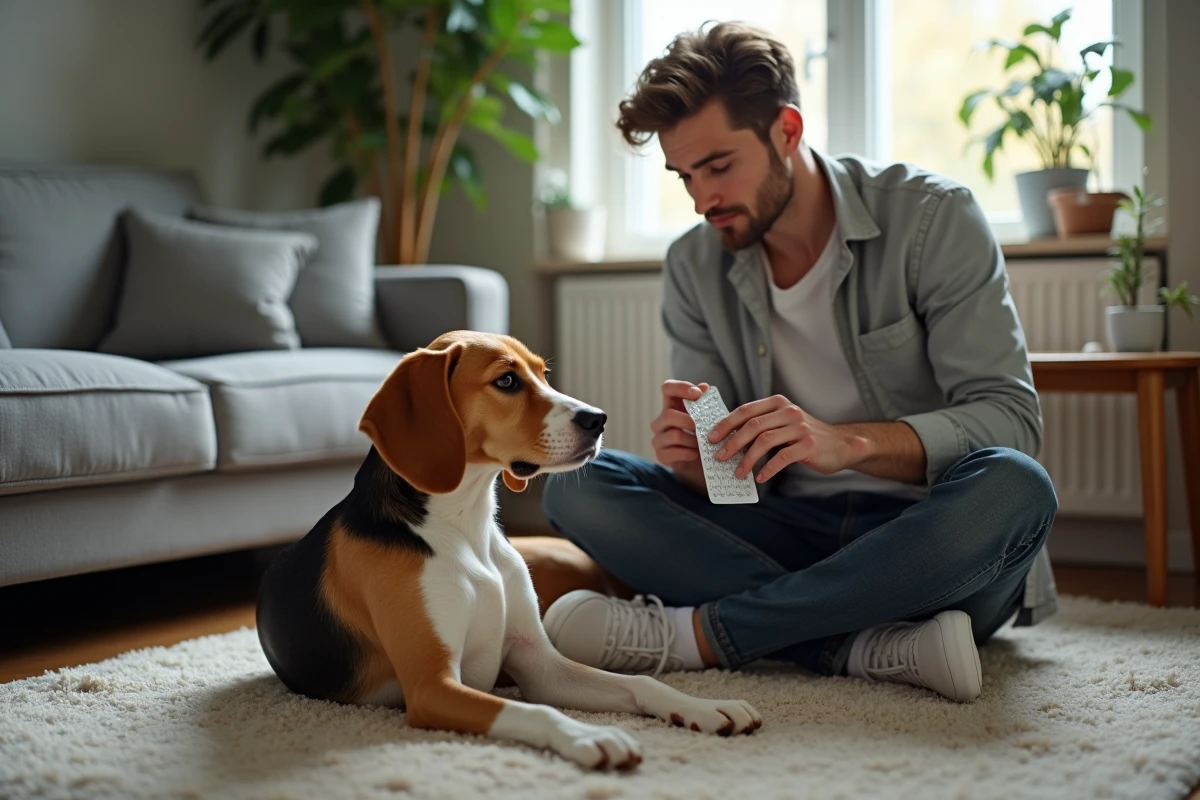 Jeune homme avec son chien dans un salon cosy