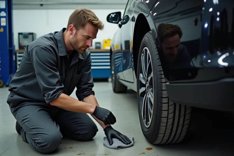 Technicien automobile appliquant un produit de réparation sur une rayure de pare-choc plastique noir dans un atelier professionnel