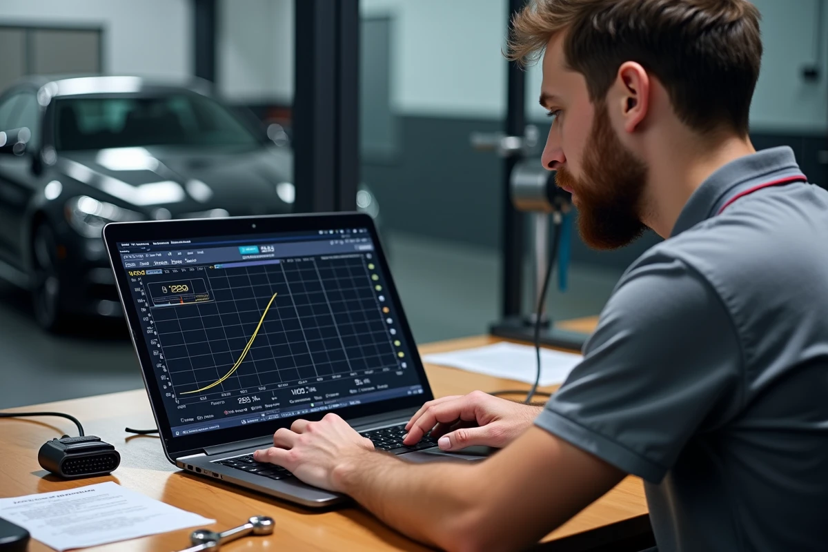 Technicien effectuant une reprogrammation ECU sur ordinateur avec graphique de puissance avant après un stage 1 sur banc de puissance