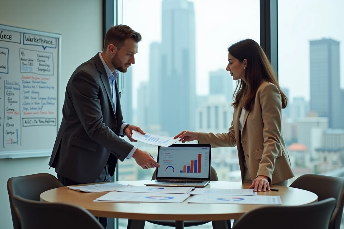 Deux professionnels analysant des données d'une plateforme B2B lors d'une réunion d'affaires