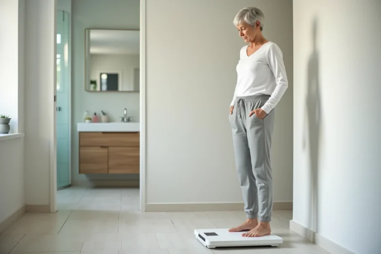 Senior femme debout sur une balance impédancemètre dans une salle de bain moderne pour mesurer sa masse musculaire