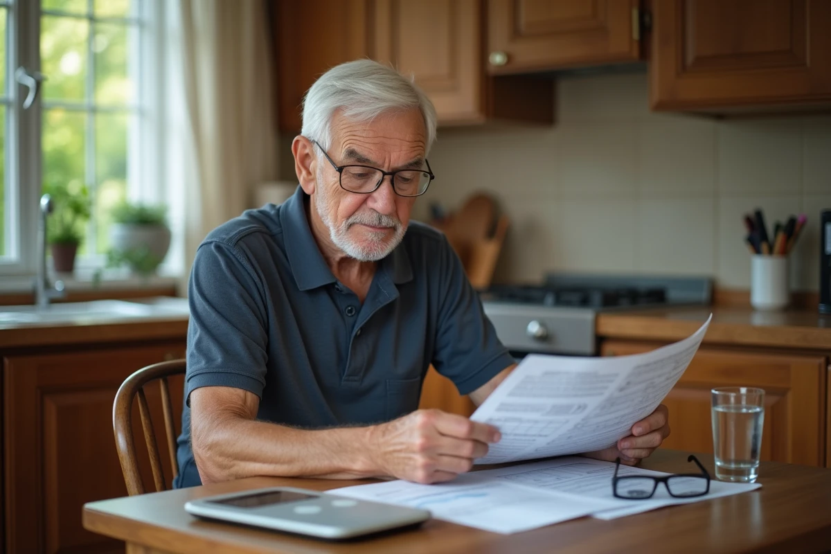 Senior homme consultant ses résultats de composition corporelle avec une balance impédancemètre sur une table de cuisine