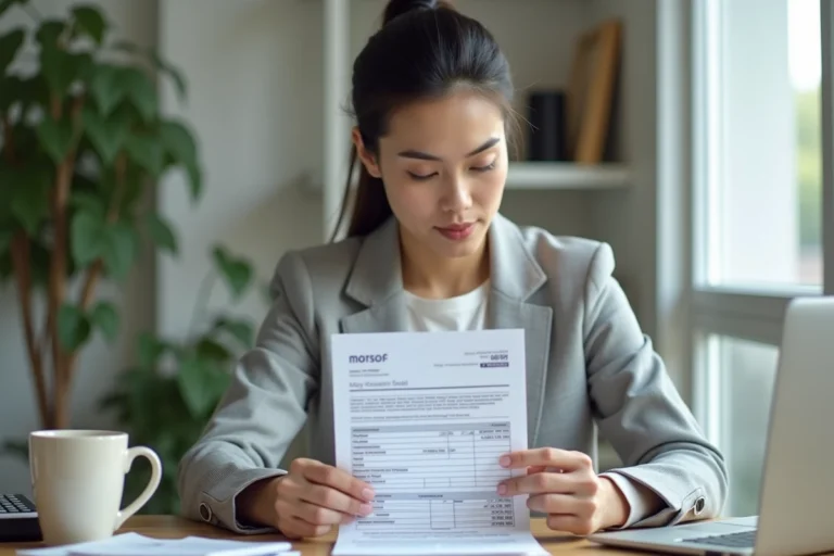 Femme consultant une fiche de paie et un tableur pour simuler le calcul de la CSP sur son salaire brut