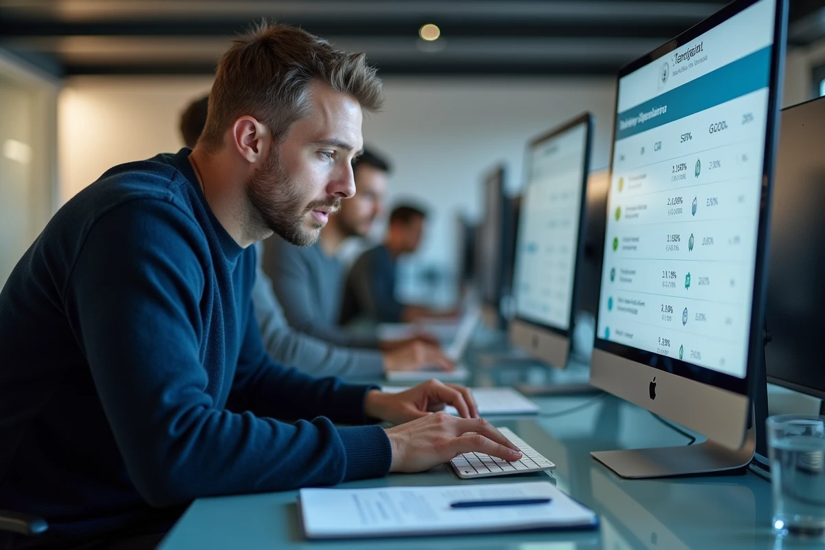 Homme utilisant un outil en ligne pour simuler le calcul des cotisations CSP sur son salaire brut au bureau